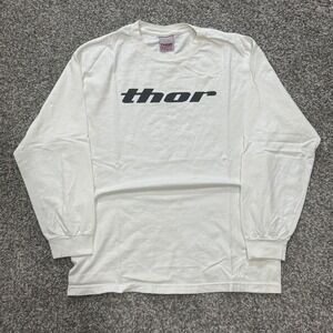 VTG 90s Thor MX Biker Long Sleeve Graphic T-Shirt White Motocross Racing Mens L